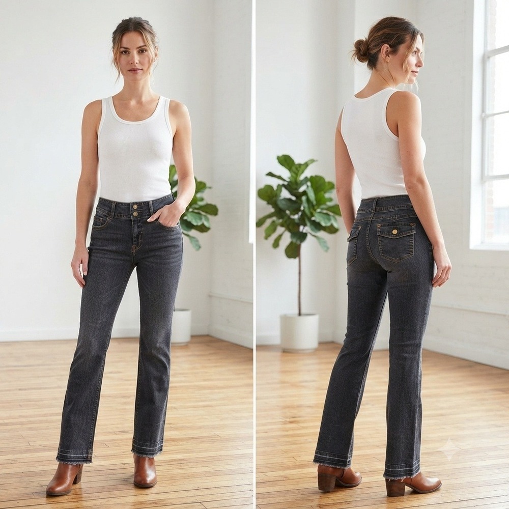 Womens Low Rise Flare Jeans Dark Gray Frayed Hem Flap Pockets Y2K Style